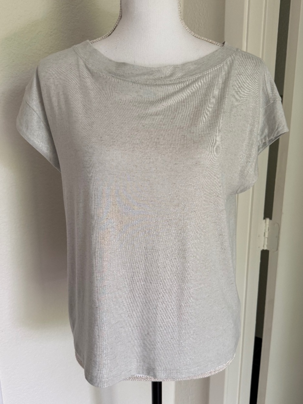 Express Top Size Small Silver Gray Metallic Linen Blend Boat Neck